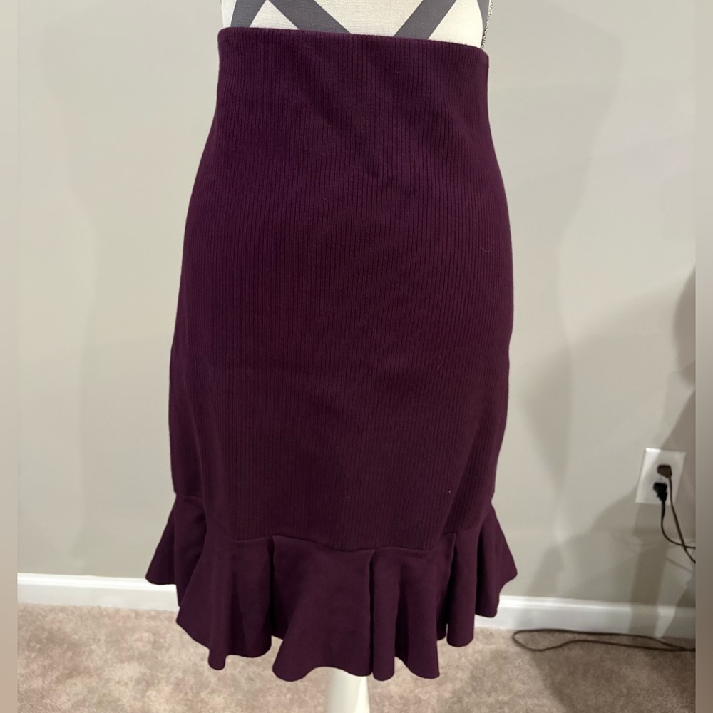 Express High Waisted Ribbed Body Contour Ruffle Sweater Skirt - Picture 5 of 9
